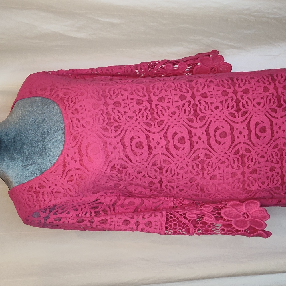 Pink Floral Lace Crochet Long Sleeve Lined Dress Size Medium
